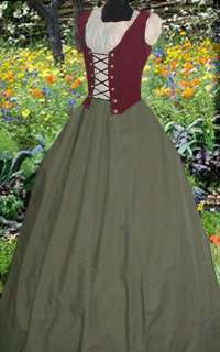 WENCH PEASANT RENAISSANCE DRESS FRONT LACING WINE BODICE AND GREEN 