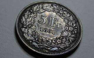 Switzerland   1851 5 Silver Francs Helvetia  