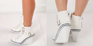 Womens White Buckles Sneakers Wedge Heel Shoes US 5~7.5 / Fashion 