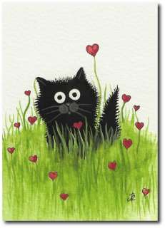 Tiny Black Cat Kitten Valentine Field of Heart Flowers  ArT BiHrLe LE 