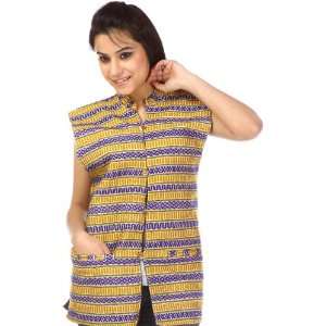  Mustard and Blue Waistcoat from Kutch with All Over Wave 