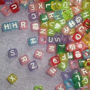 100 New Acrylic Plastic 6mm ALPHABET BEADS Square Cube   MIXED COLORS 