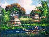 Nipa Hut & Fishing Boat Art Philippines Oil Painting  