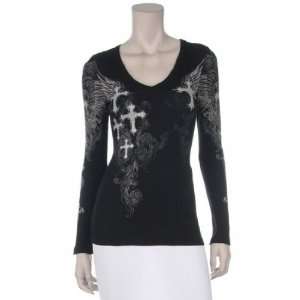  VOCAL Top Cross Angel Wing Sinful Crystals Tattoo LS T Shirt 