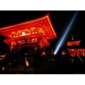 Kiyomizu Dera Temple Buildings Lit Up at Night and Searchlight, Kyoto 