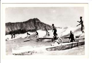 Old Surfers Surf Waikiki Beach Hawaii HI RPPC Postcard Vintage Scene 
