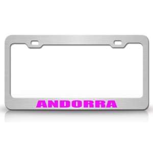 ANDORRA Country Steel Auto License Plate Frame Tag Holder, Chrome/Pink