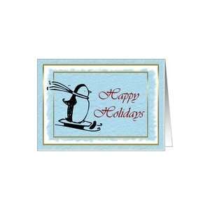  Happy Holidays with skiing penguin on blue snow background 