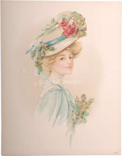 1908 Victorian Print Woman w/Large Hat & Flowers  