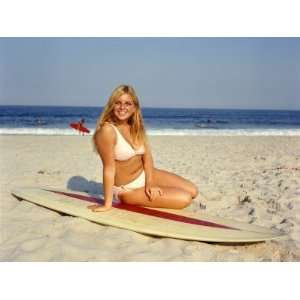  Blonde Woman in Pink Bikini Sitting on Beach Photographic 