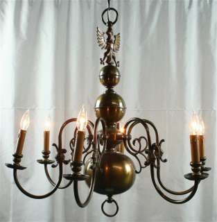 LARGE VINTAGE FLEMISH 6 ARM CHANDELIER DOUBLE EAGLE  