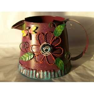 Metal Purple Decorative Watering Can with Dragon Fly and Flower Accent 