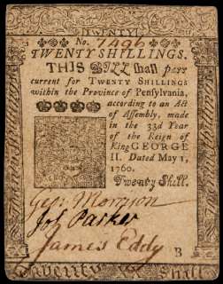 Colonial Currency Superb 1760 Benjamin Franklin Printed PA Currency 