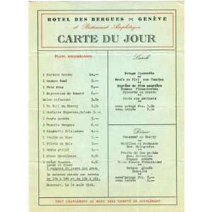    Hotel Des Bergues Menu Geneve Switzerland 1946 