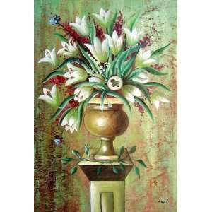  Red, White Flowers in Vase on Pillar Oil Painting 36 x 24 