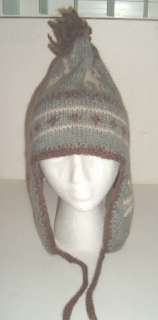 Chullo Andean knit hat earflaps pale blue gray & brown  