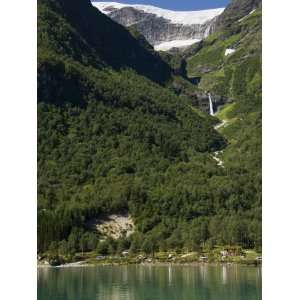 Green Lake, Waterfall, and Glacier Above Olden, Fjordland, Norway 