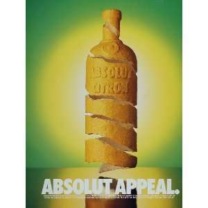 1990 Ad Absolut Appeal Citron Vodka Bottle Lemon Peel   Original Print 