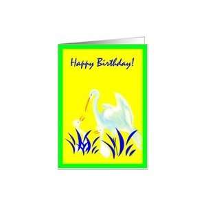  Grandmother Happy Birthday  Mama Egret w/ Twin Babies Card 