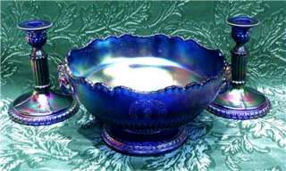 Vintage Deco Cobalt Blue Carnival Glass Imperial RAM HEAD BOWL 