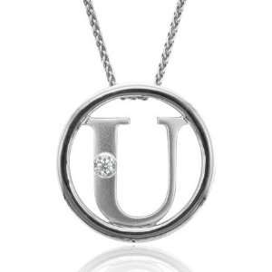 Sterling Silver Alphabet Initial Letter U Diamond Pendant Necklace (HI 