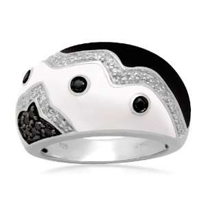 Sterling Silver Black White Enamel Black Diamond Ring (1/4 cttw, I J 