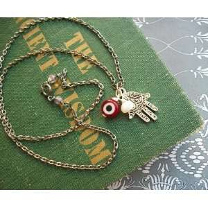    Hamsa Necklace  Red and Pearl  Evil Eye Protection 