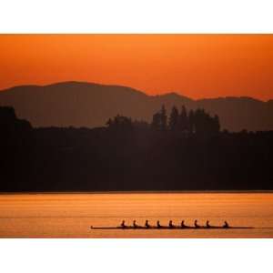 of Mens Eights Rowing Team in Action, Vancouver Lake, Washington, USA 