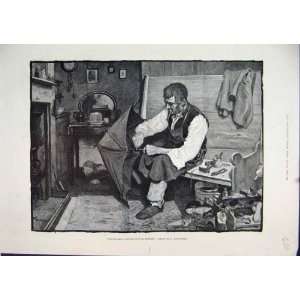  1884 Man Smoking Pipe Fixing Umbrella New Year Print