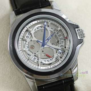 Fashion Silver Skeleton Mens Auto Mechanical Wristwatch Date Function 