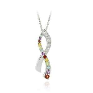   Multi Color Gemstone & Diamond Accent Rainbow Awareness Ribbon Pendant