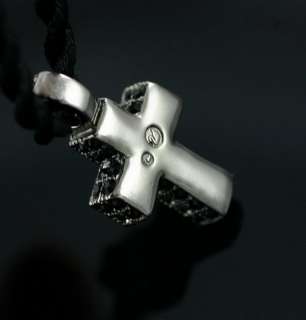   Swarovski Signed Swan Cross Pendant Gun Metal Cord Necklace  
