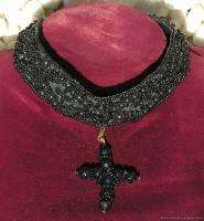   Beaded Black Victorian Mourning Collar Necklace w Bead Cross  