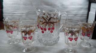 Cherry Cable Decorated Water Set   Pitcher and Four Tumblers  