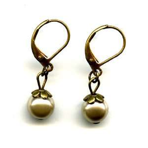  Brass Drop Earrings with Glass Pearls Off white Jewelry