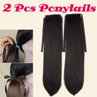 Q086 lady Black Long Straight clip on Ponytail hair extension  