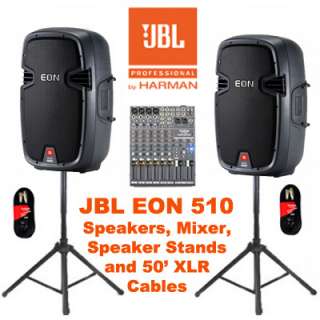 JBL Powered 15 EON 510 DJ Speakers Mixer Stands Cables  