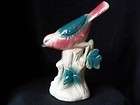 Vintage 40s 50s Ceramic Bird Tree Stump teal pink Figurine Old 