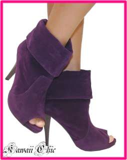 B315 Purple Suede Open Toe Cuff Ankle Boots Heel Shoes  