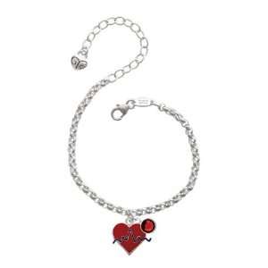 Red Heart with Rhythm Line Silver Plated Brass Charm Bracelet with 