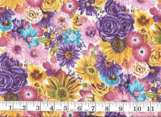 Purple Pink Garden Blue Yellow Rose Floral Quilt Fabric  