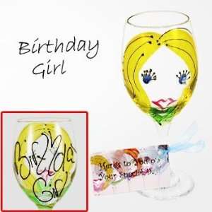 Leslie Egenberger Hand Painted Wine Glass   Blonde Birthday Girl 