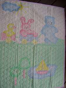 Baby Quilt Blanket Pastel Teddy Bear Rabbit Duck Boat Pink Green 