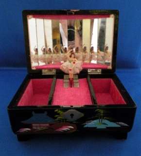   Black Lacquer Japan Jewelry Music Box with Dancing Ballerina  