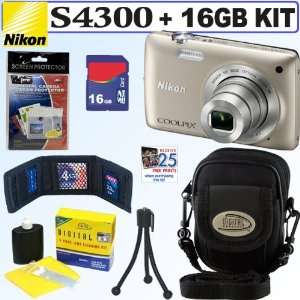  Nikon COOLPIX S4300 16 MP Digital Camera (Silver) + 16GB 
