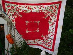 vintage red and white strawberry print cotton tablecloth 50x44  