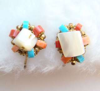 C1950 Miriam Haskell Faux Pearl Turquoise Coral Earrings Signed  