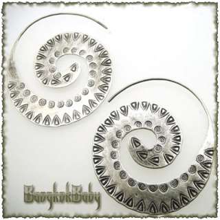 Thai Karen Silver HUGE Tribal Spiral Engraving Earrings  