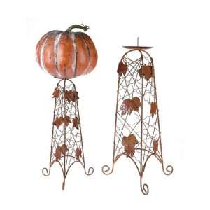  Metal Pumpkin Stands or Candlesticks with Leaves  Set of 2 