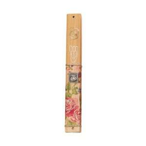  Wood Mezuzah with Roses, Metal Pomegranate and Shin 
